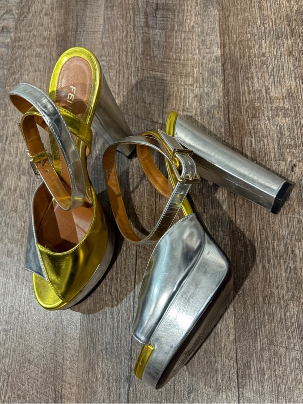 Fendi Metallic Silver and Yellow Platform Sandals sz 38.5 - Picture 2 of 6